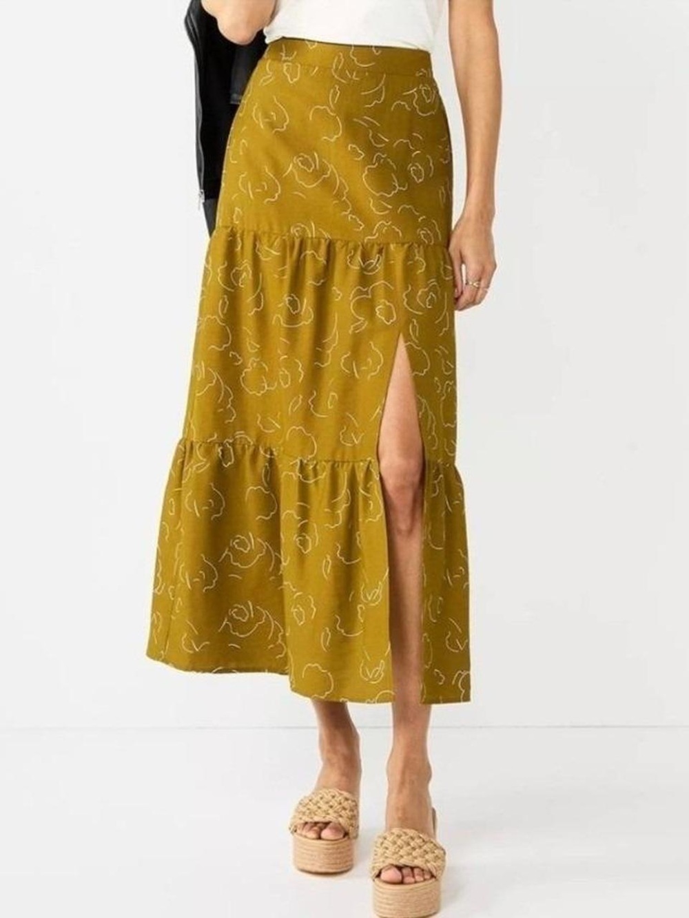 Mustard Floral Tiered Midi Skirt with Side Slit